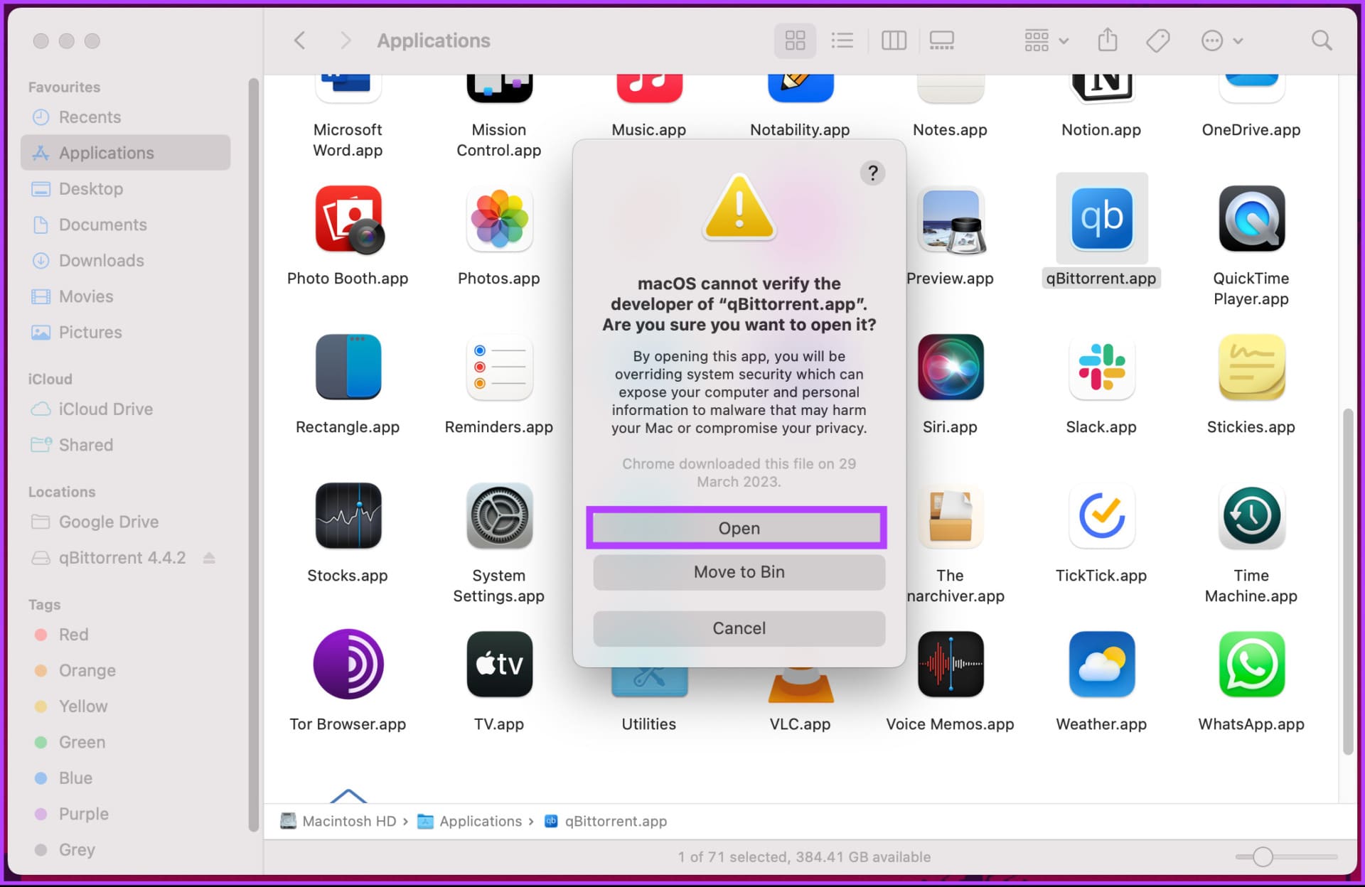 click Open to run the app