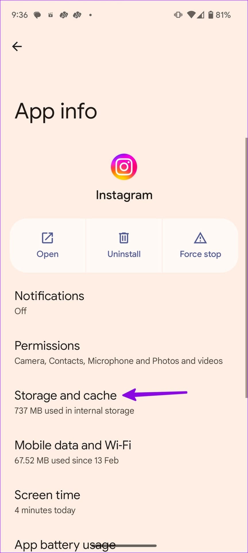 clear cache on Instagram