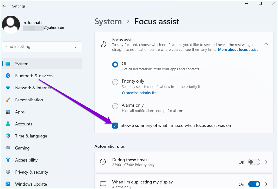 Focus Assist Notification Settings