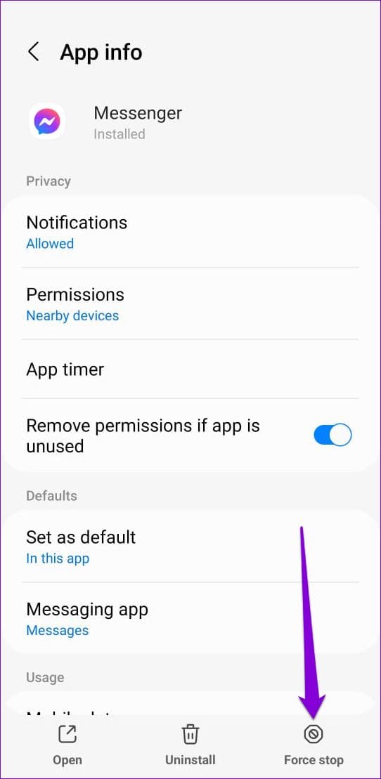 Force Stop Facebook Messenger on Android