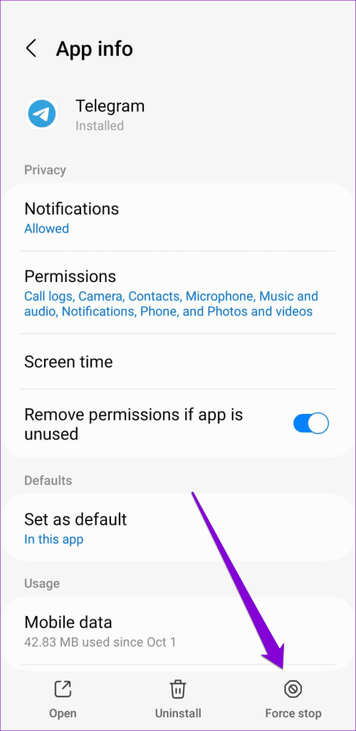 Force Stop Telegram Android
