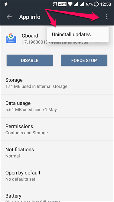 Gboard Uninstall Updates Option