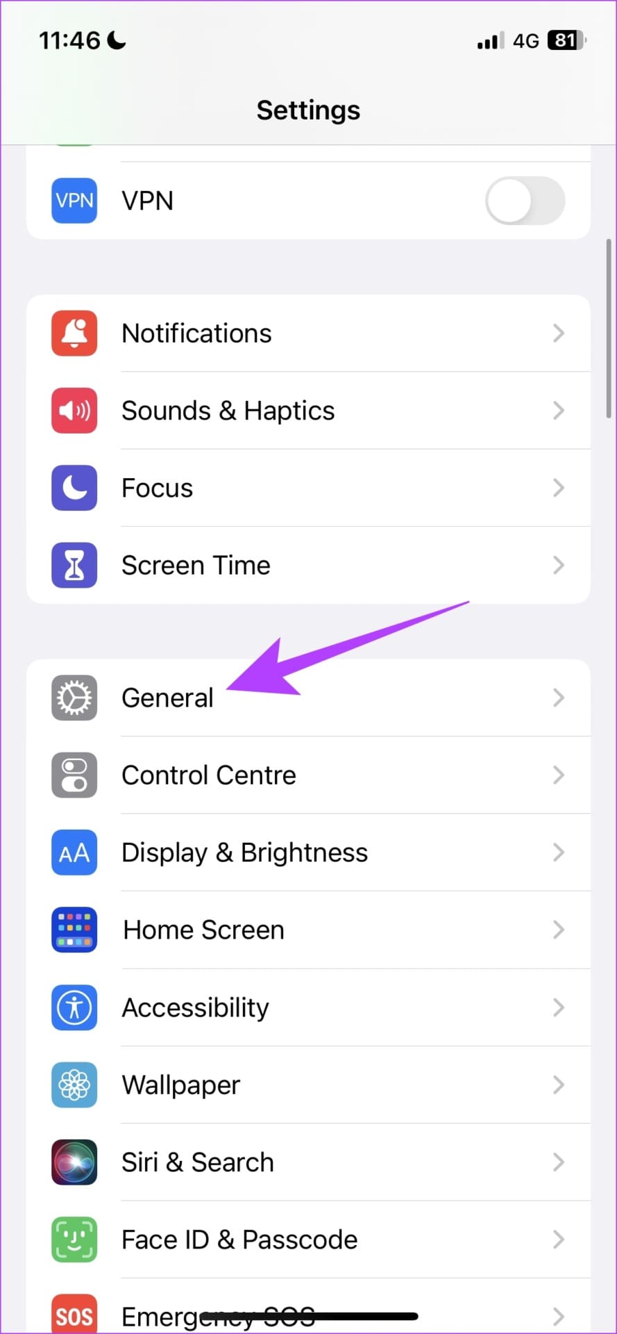 Go to General Settings on iPhone