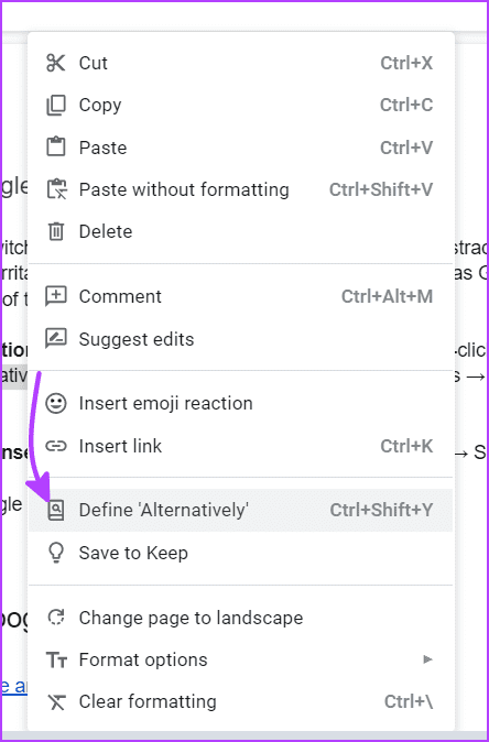 Check definition of a word in Google Docs