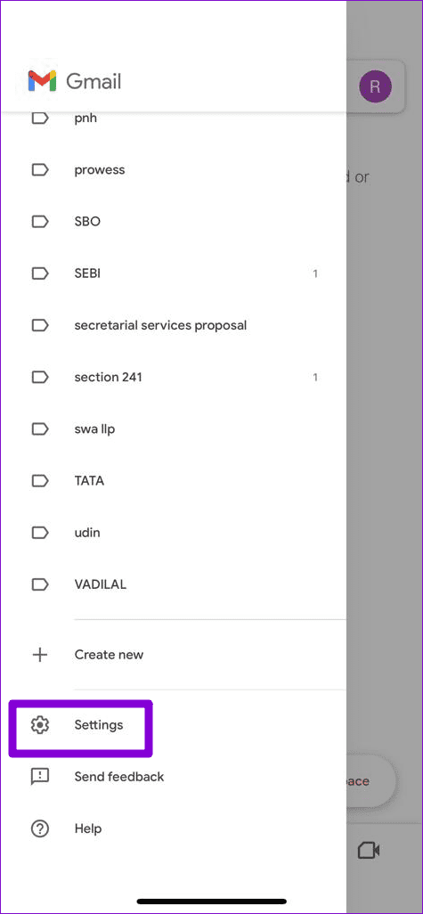Gmail App Settings on iPhone
