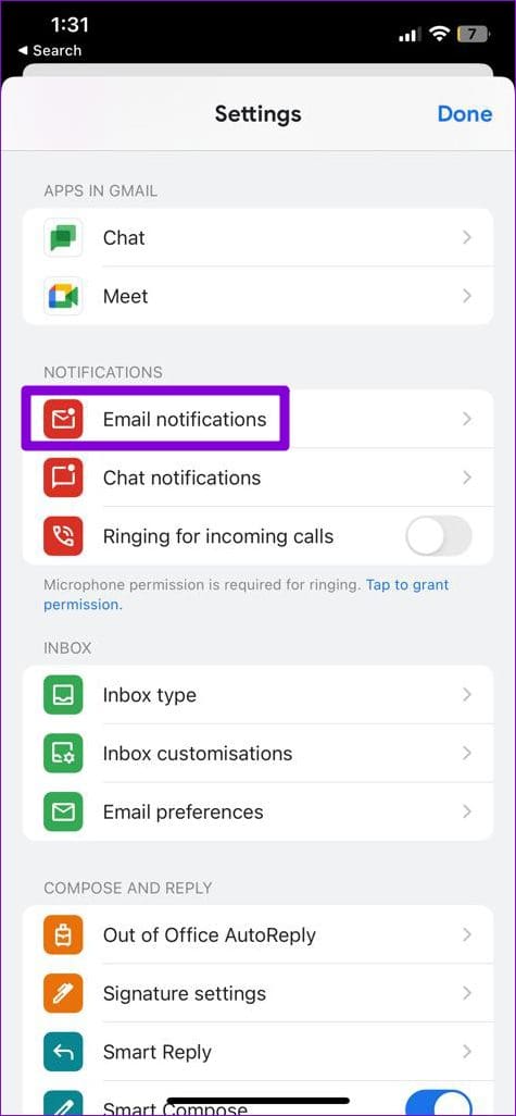 Gmail Email Notification Settings on iPhone