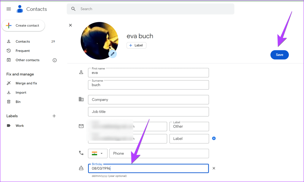 Google Contacts PC Save Birthday