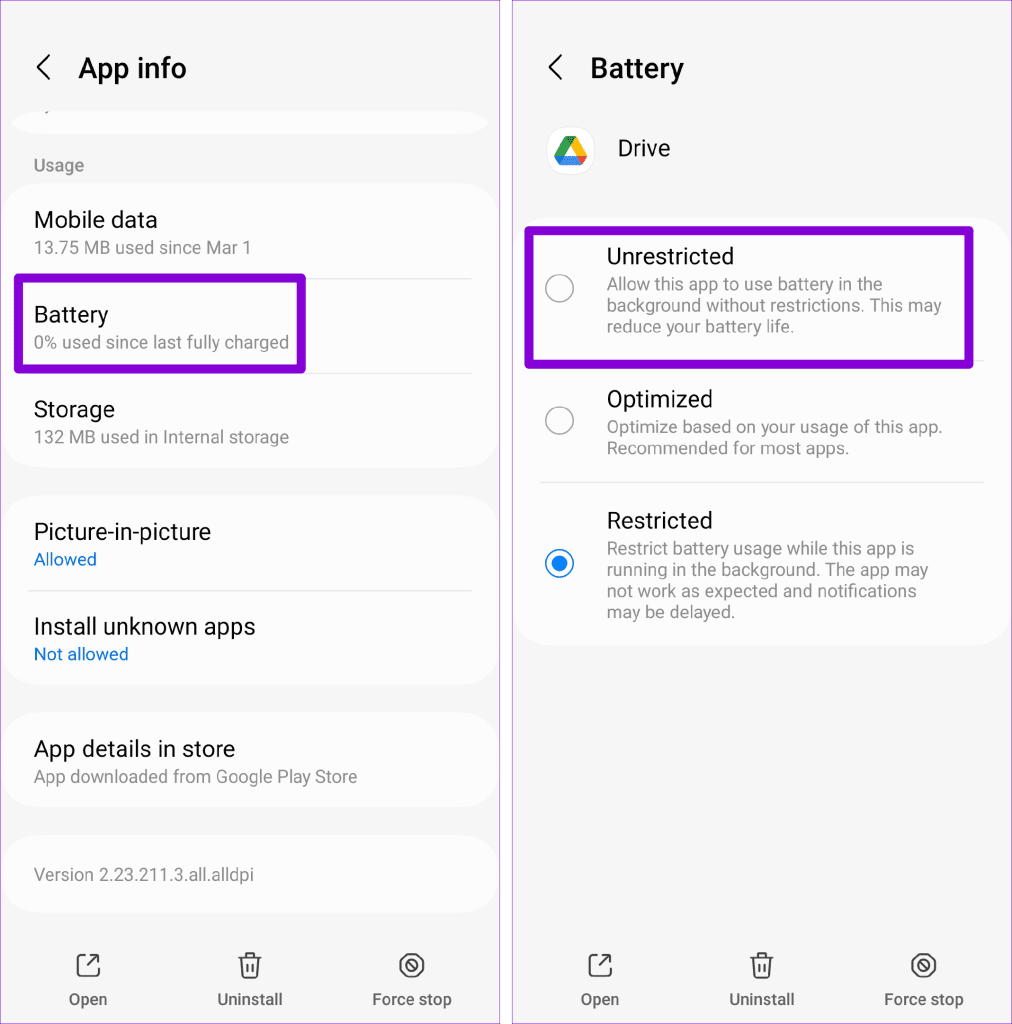 Google Drive Battery Usage on Android