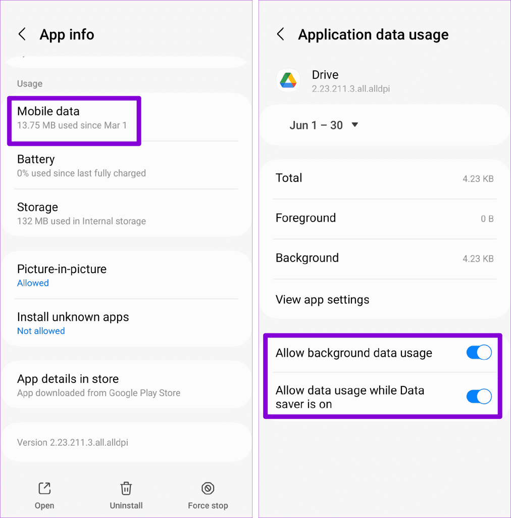 Google Drive Mobile Data Usage on Android