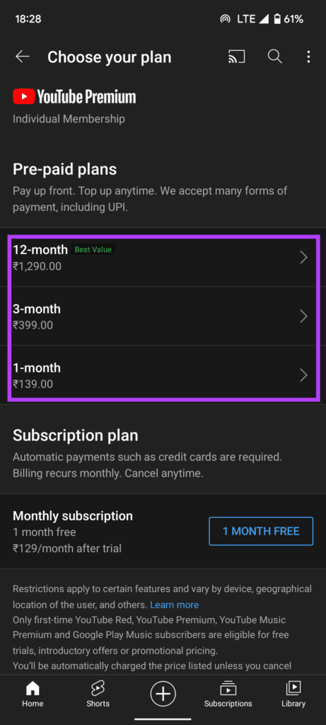 YT Premium options