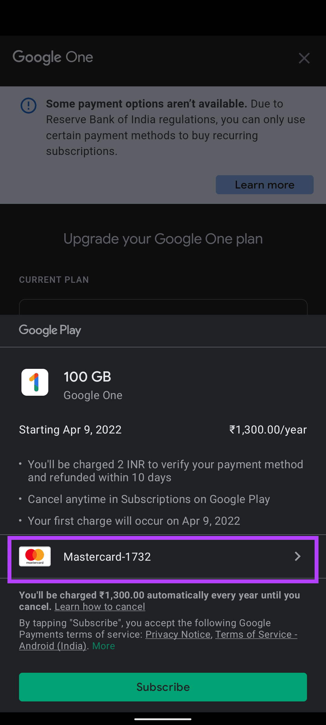 Payment mode