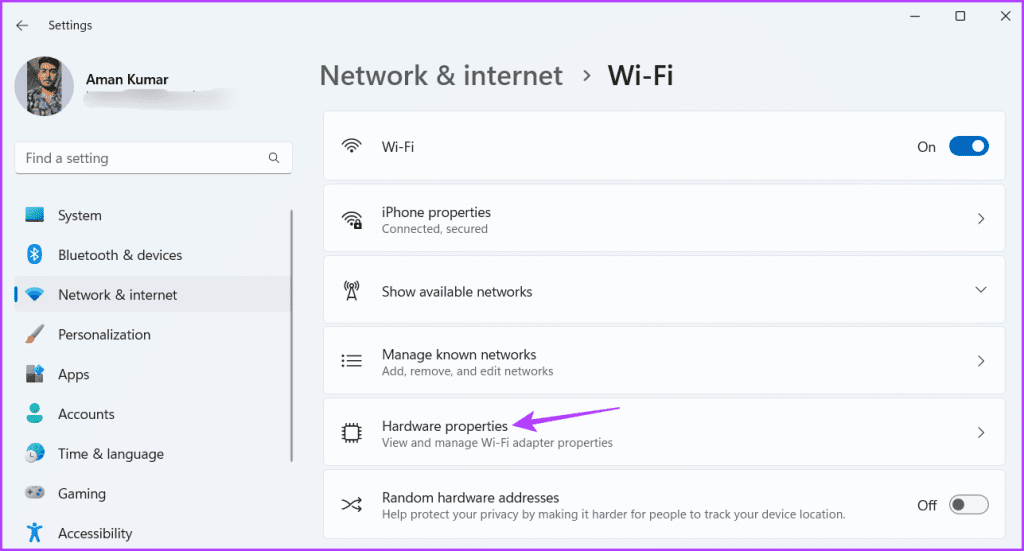 Hardware properties option in the Settings app