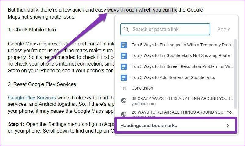 Headings and bookmarks in Google Docs