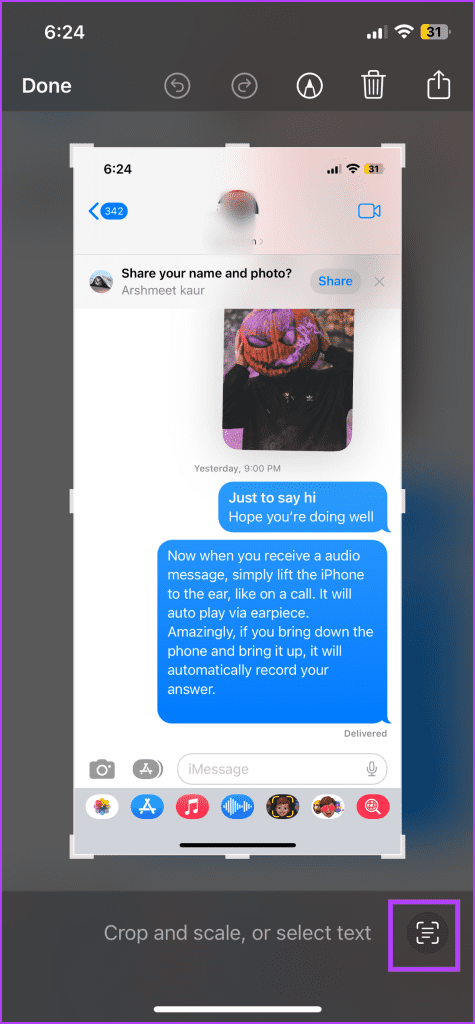 Take a screenshot and tap Live Text icon