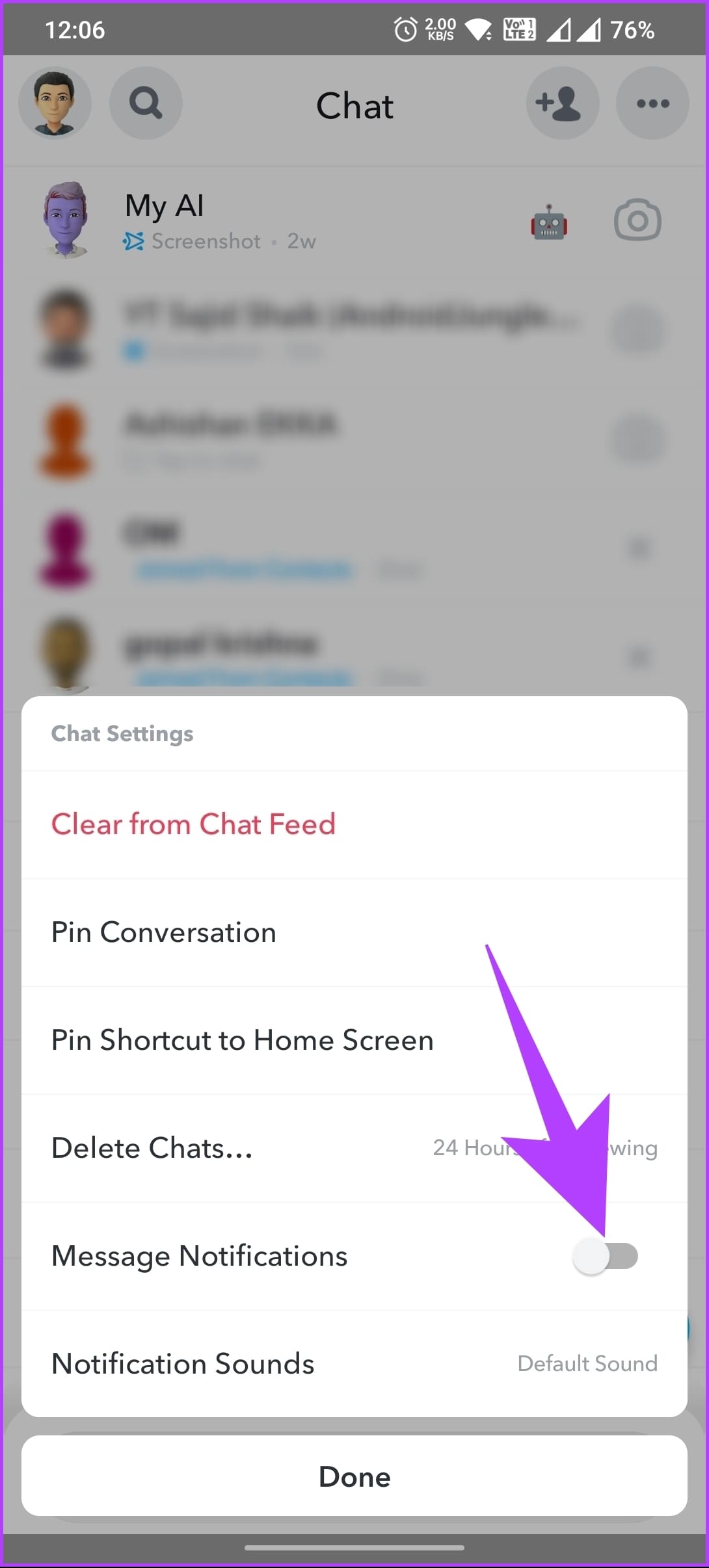 Toggle off the Message Notifications