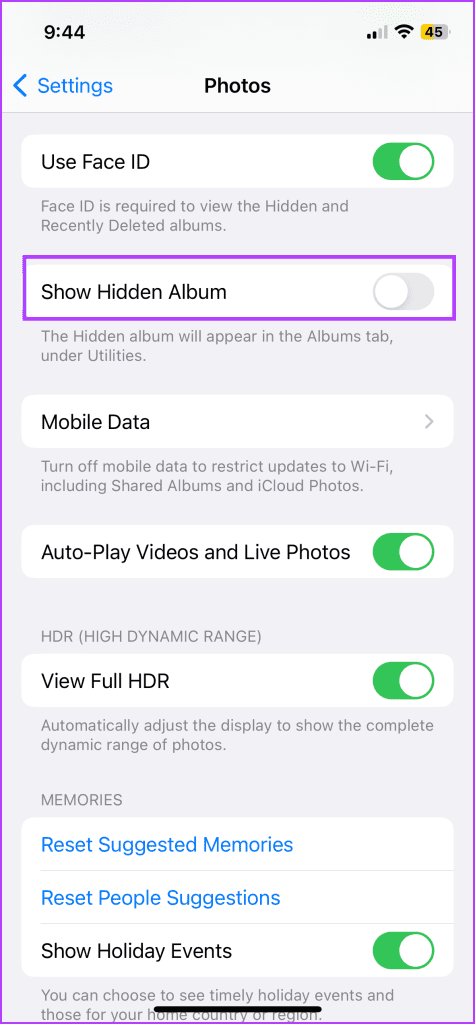 Toggle off Show Hidden Album 