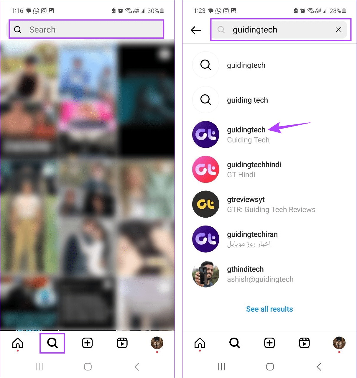 Use search to find the user