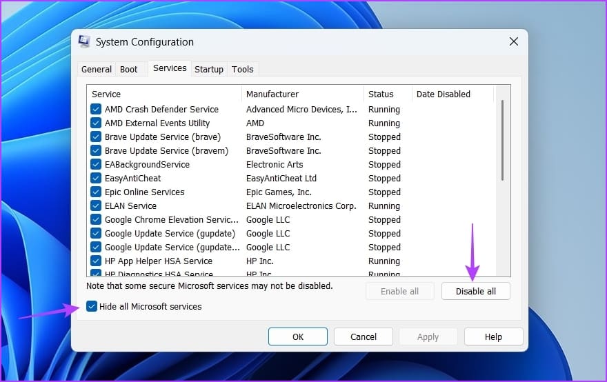 Hide all Microsoft services option in msconfig
