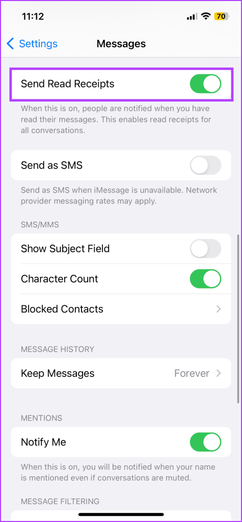  toggle on/off Send Read Receipts