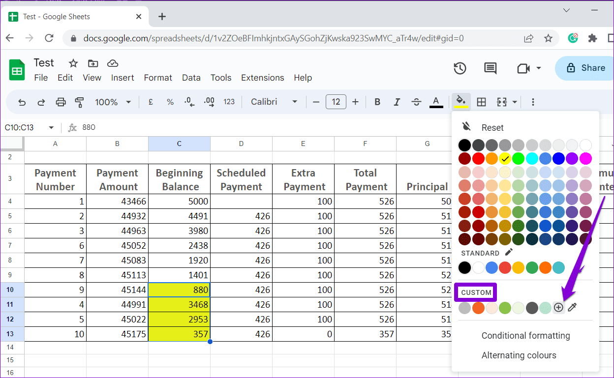 Highlight Cells With Custom Color in Google Sheets