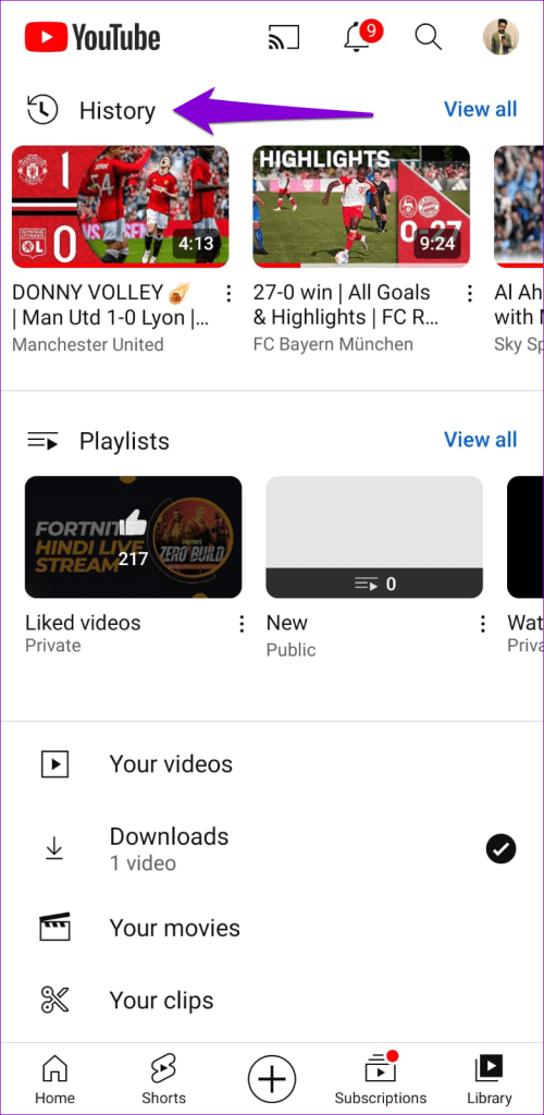 History Tab in YouTube for Mobile