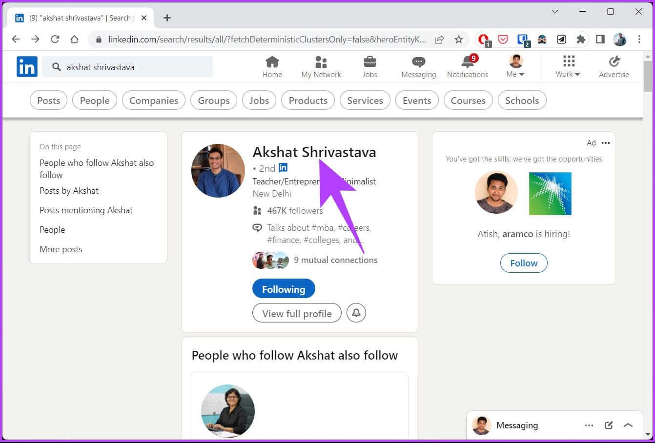 Click on the profile name