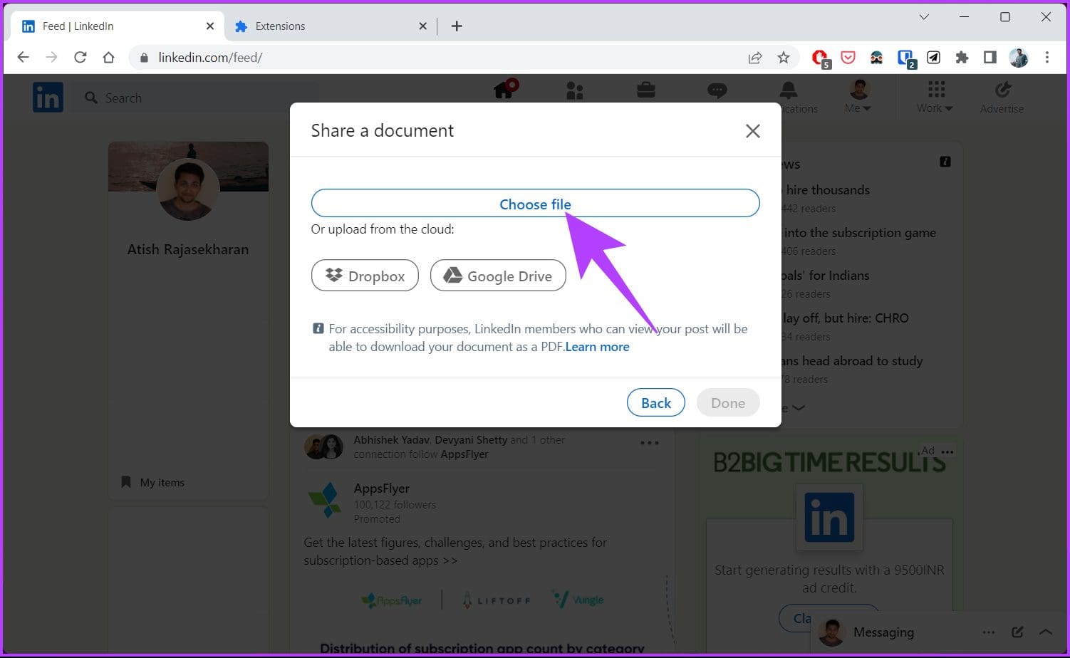 Click Choose file in the 'Share a document' window. 
