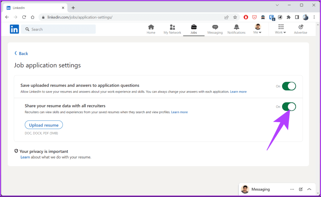 toggle on 'Share your resume data with all recruiters.'