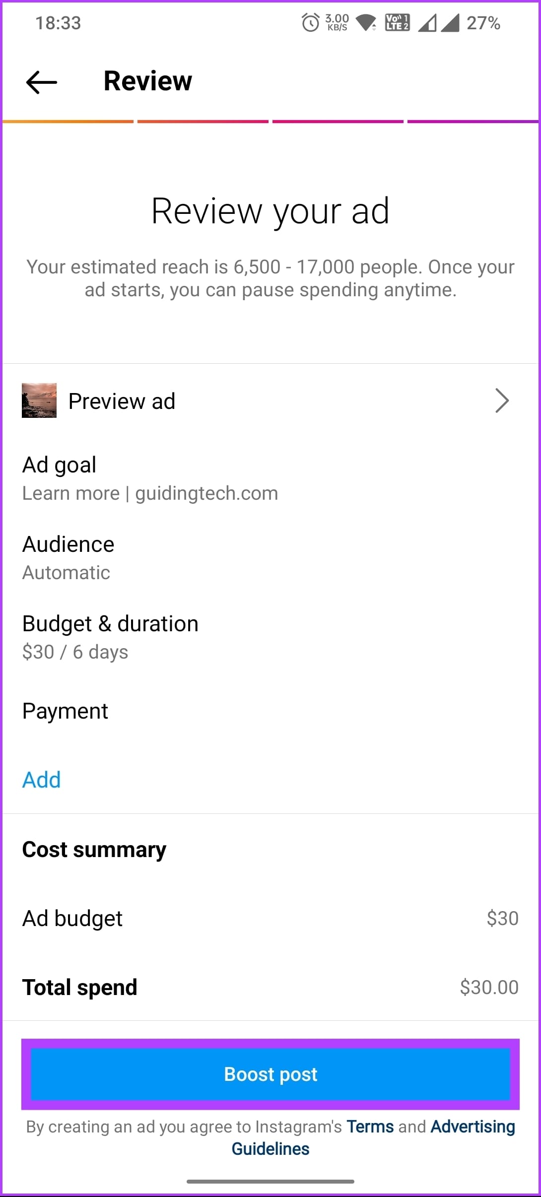 go through the details, and tap on Boost post