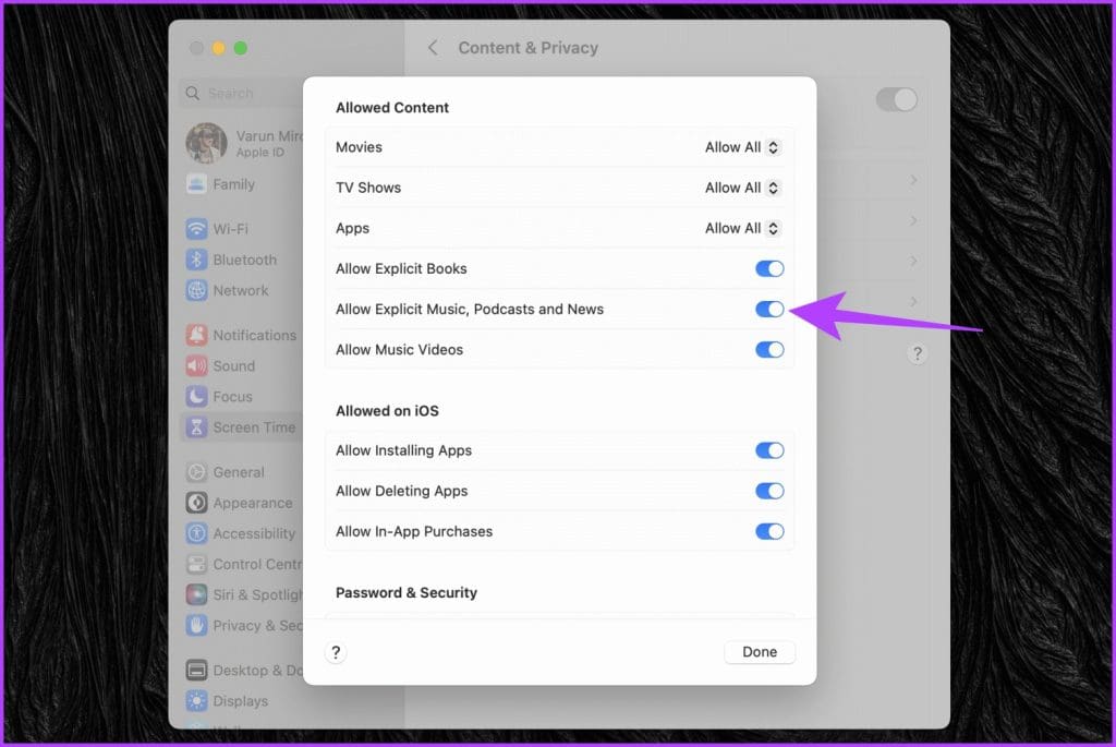 enable the toggle next to 'Allow Explicit Music, Podcasts and News'