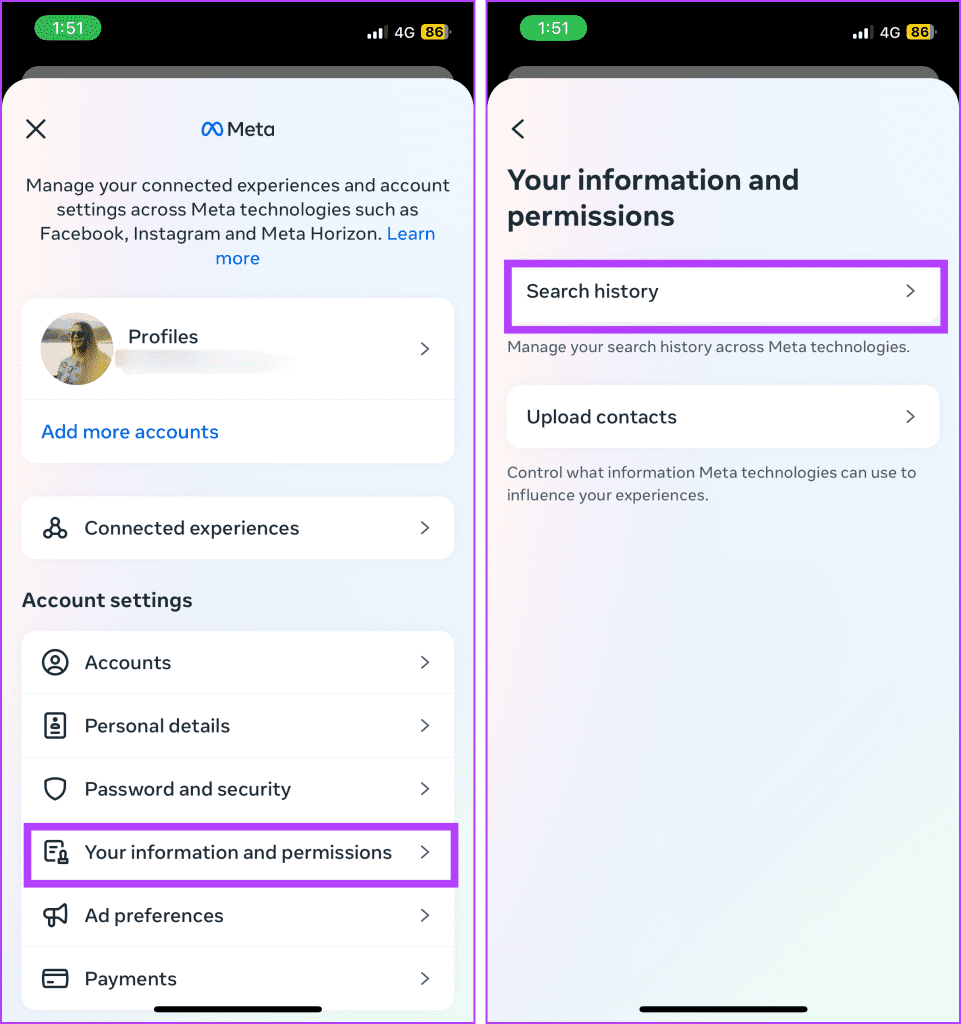 Tap Your information and permissions 