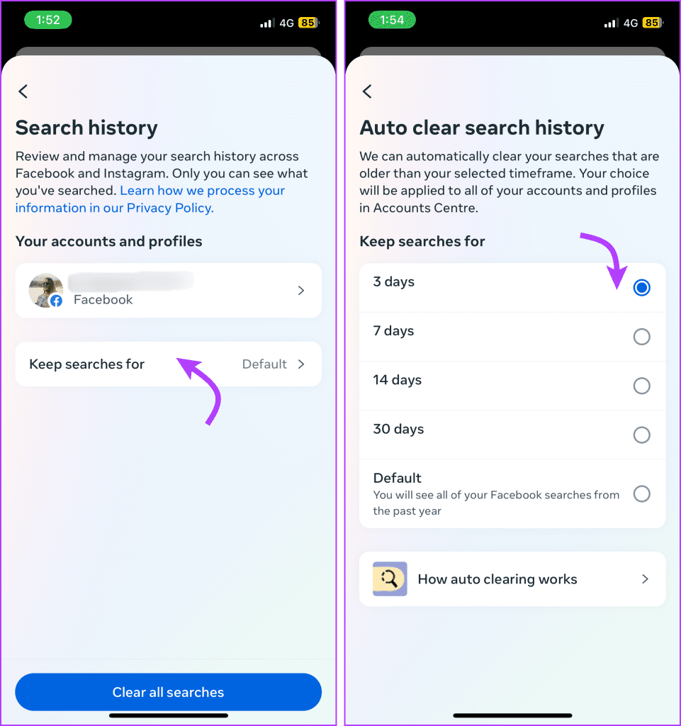 Tap Keep searches for 