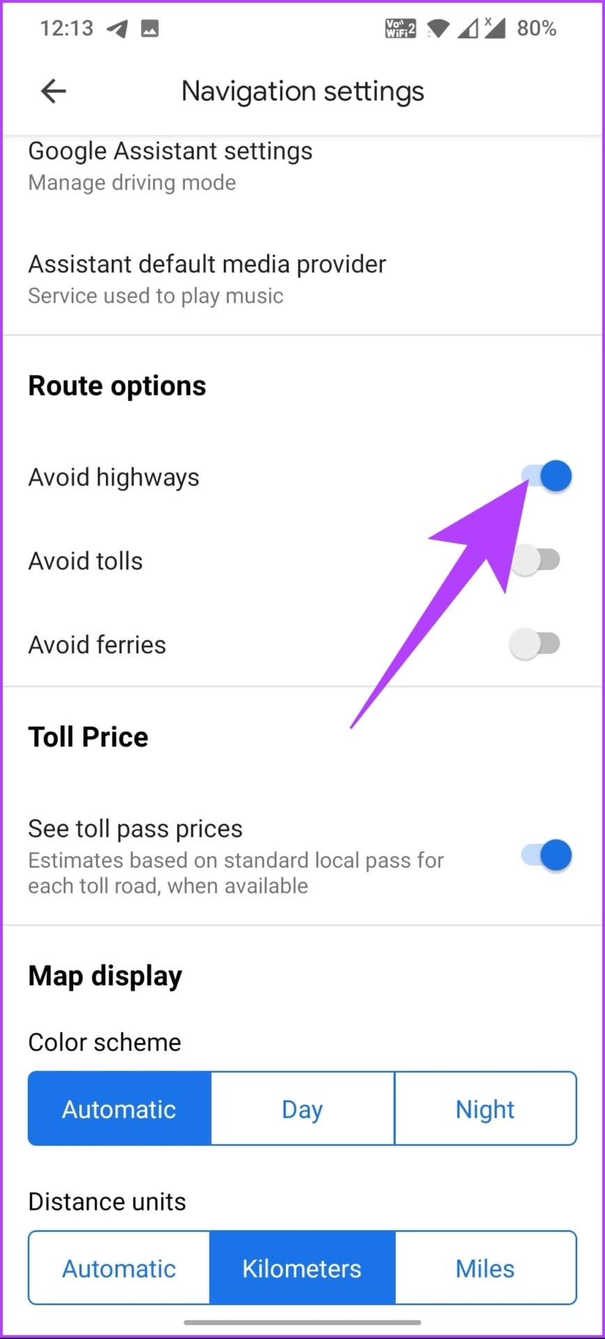 go down to Route options