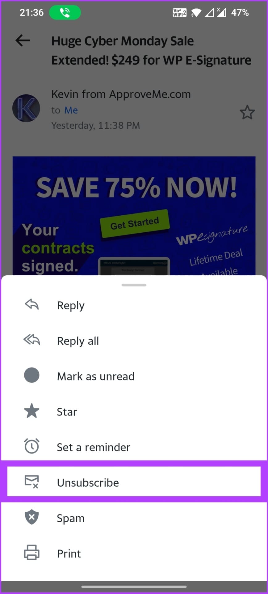 select Unsubscribe