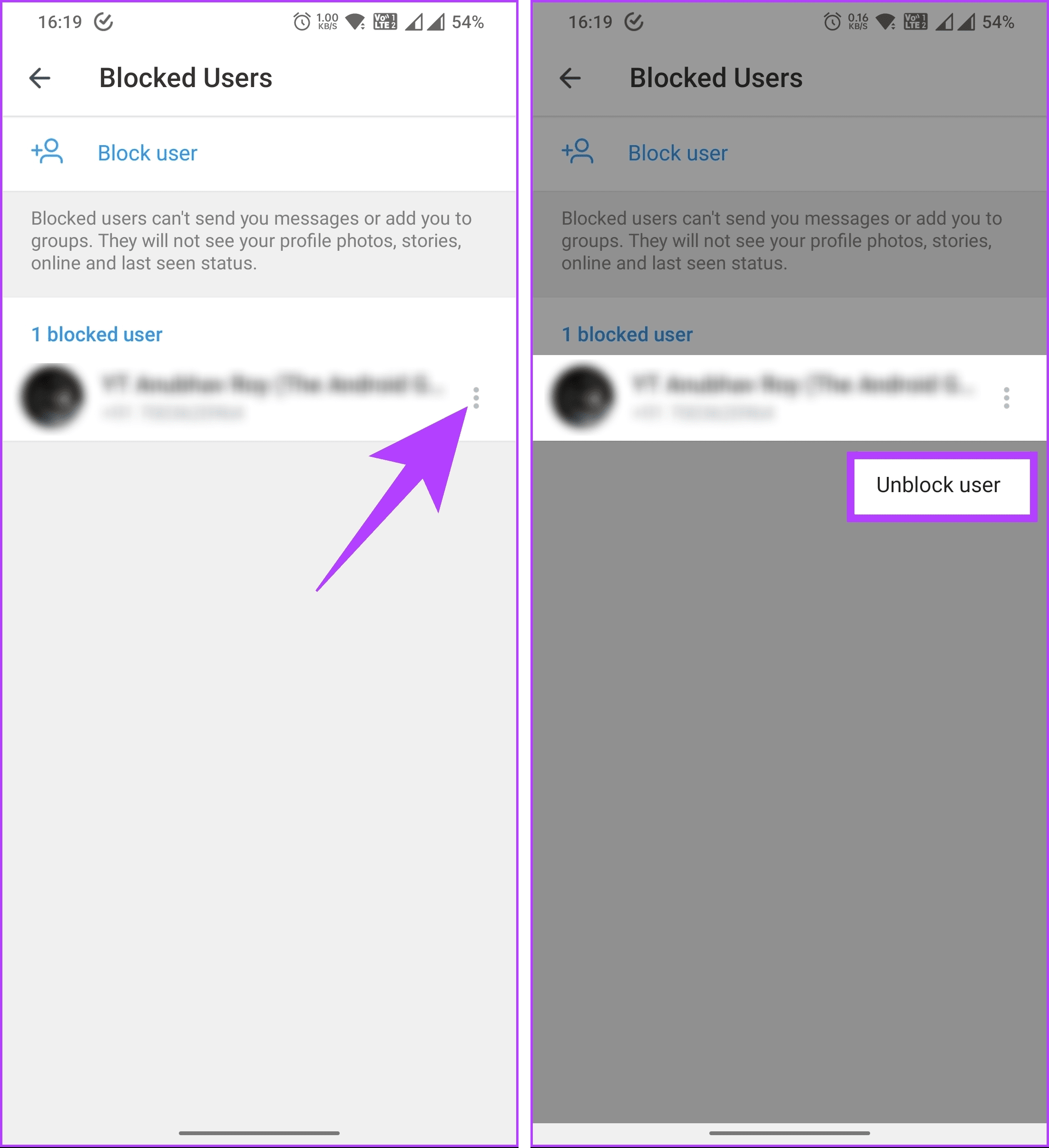 select the Unblock user option