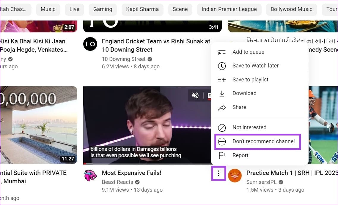 Click on three-dot icon & on don't recommend