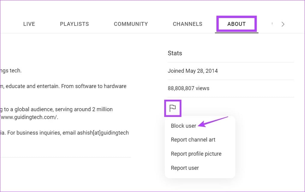 Click on About then Flag & click on Block user