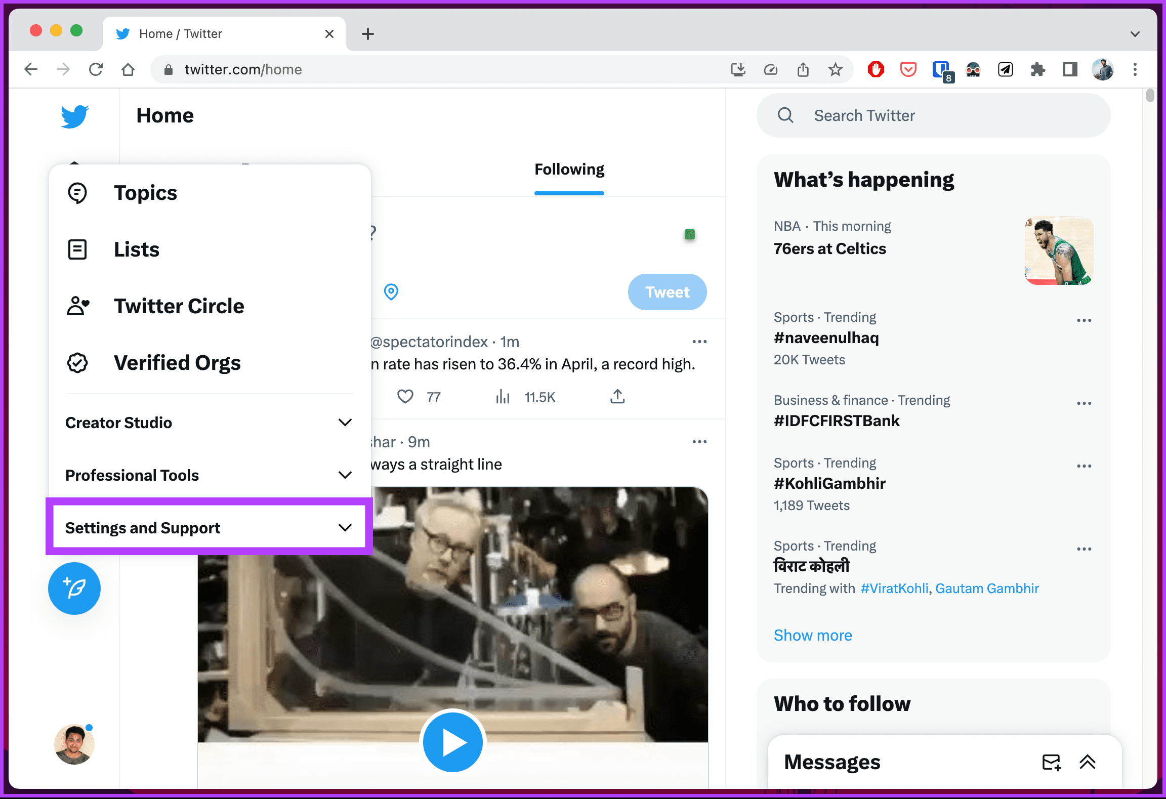 go to 'Settings and Support'