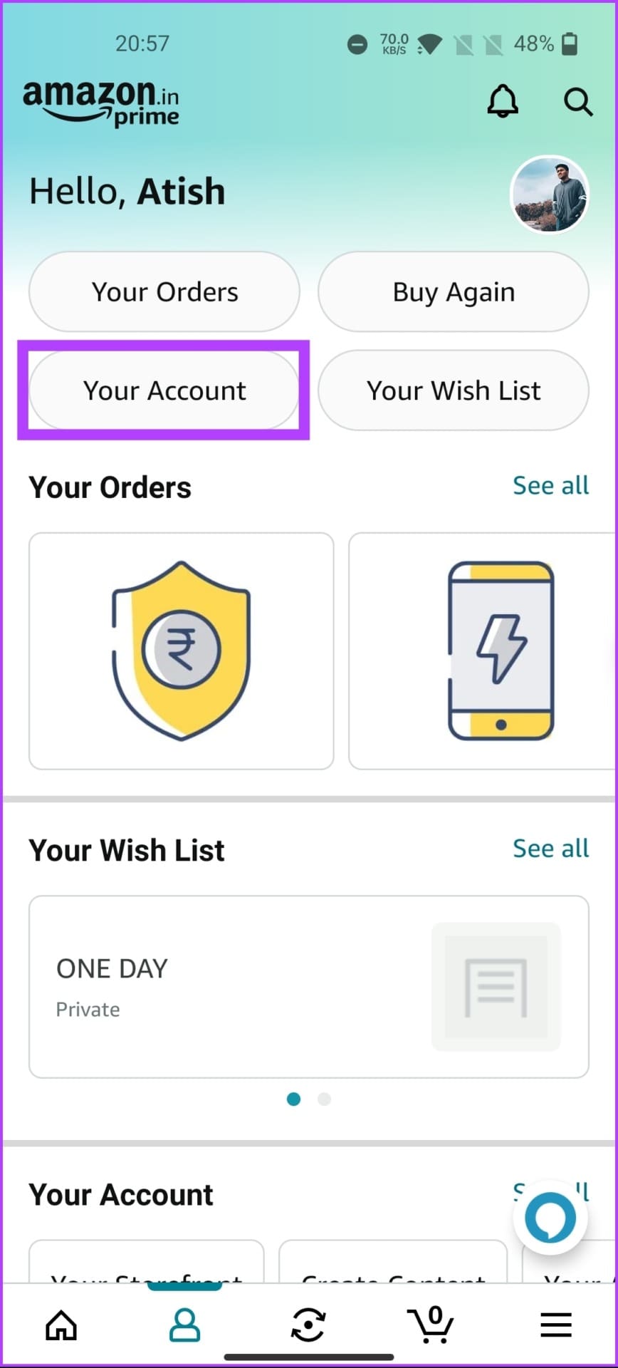 Go to the Your Account bubble option
