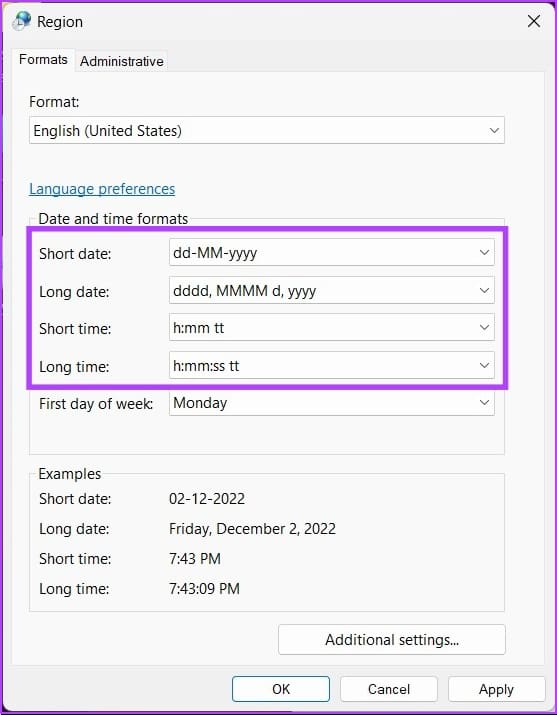 change the Date and time formats