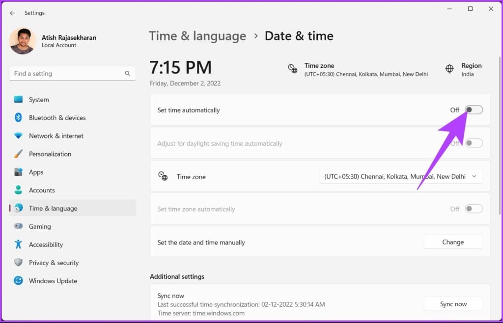 Toggle off the Set time automatically option