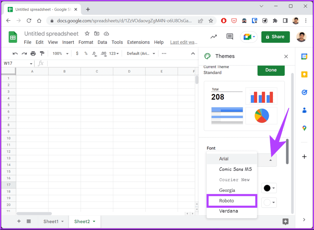 select the font from the drop-down menu