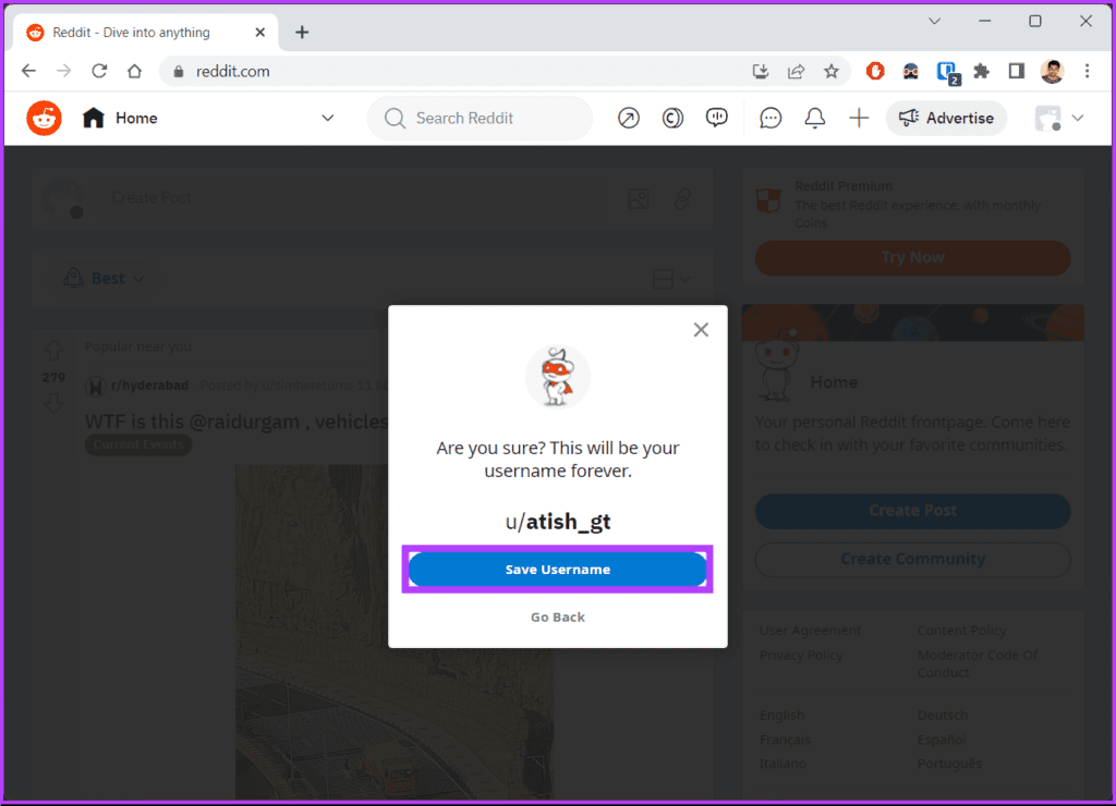 click on the Save Username button