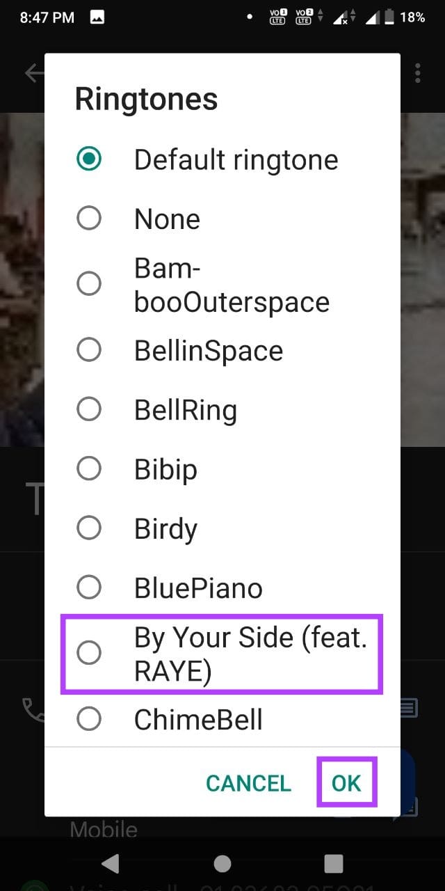 Select a ringtone & tap on OK