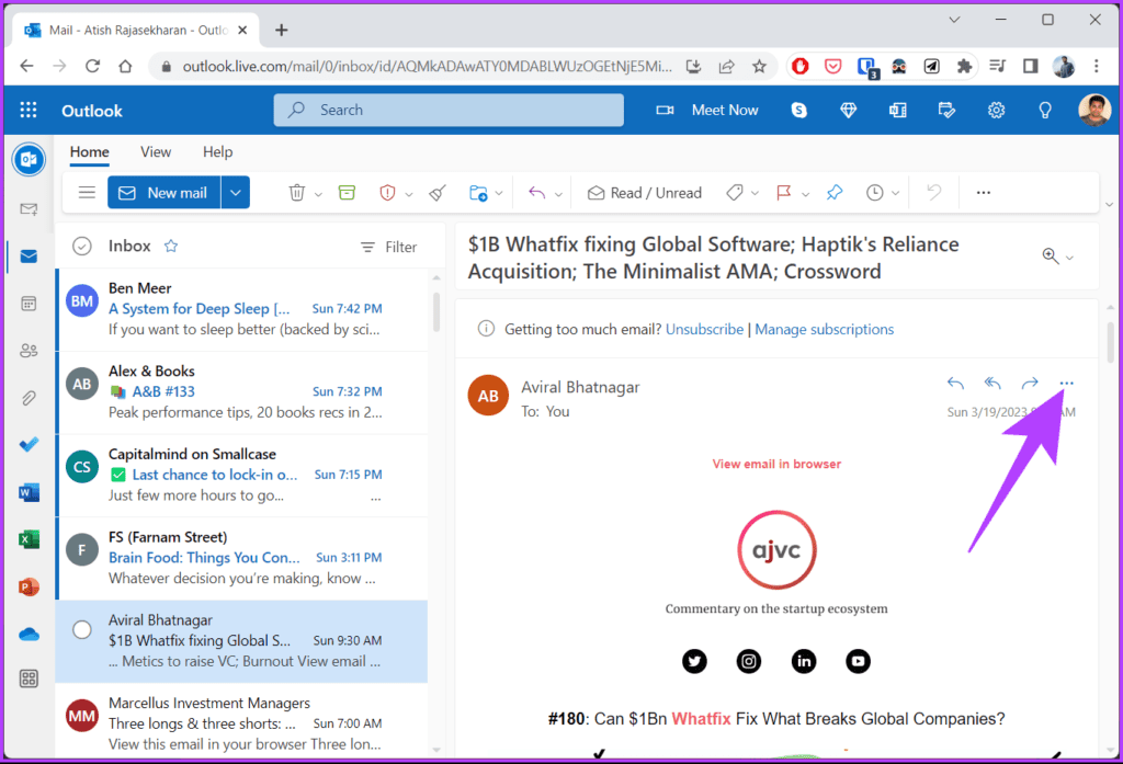 Click on the three dots in the top-right corner of the email section