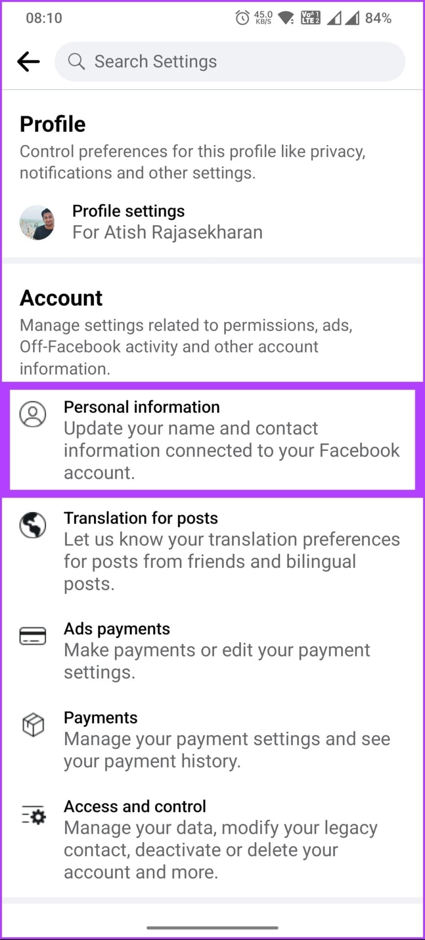 tap on Personal information
