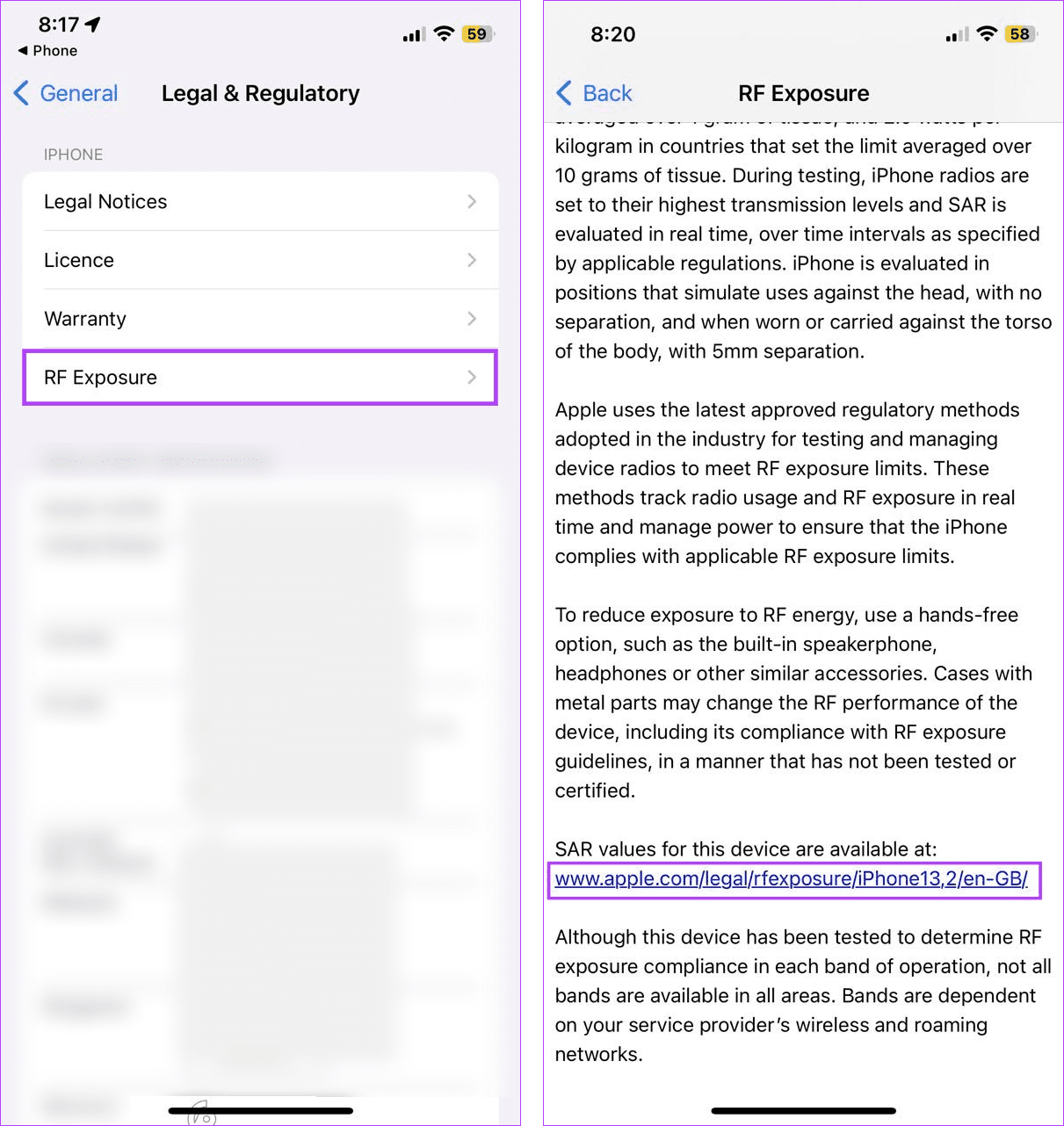 Locate the SAR values link