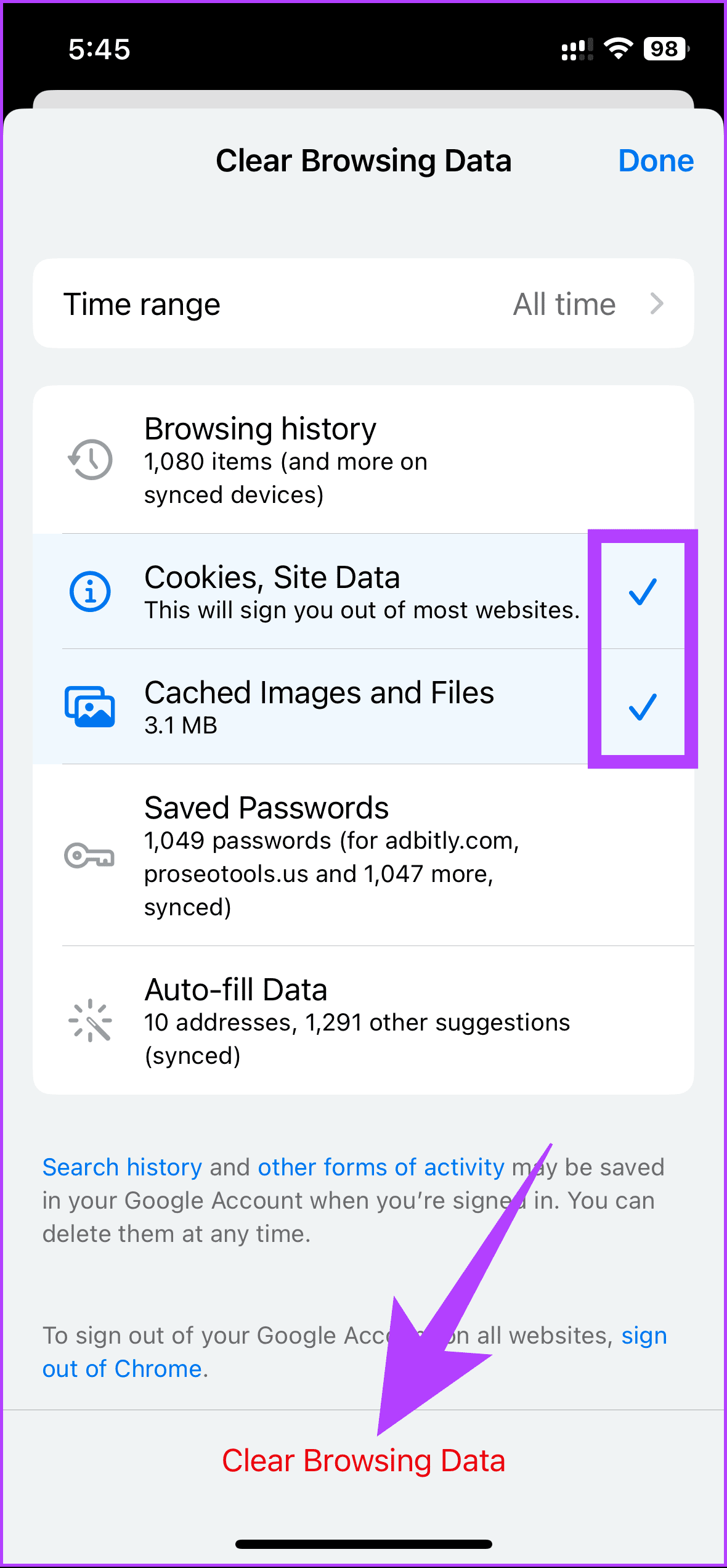 tap on Clearing Browsing Data