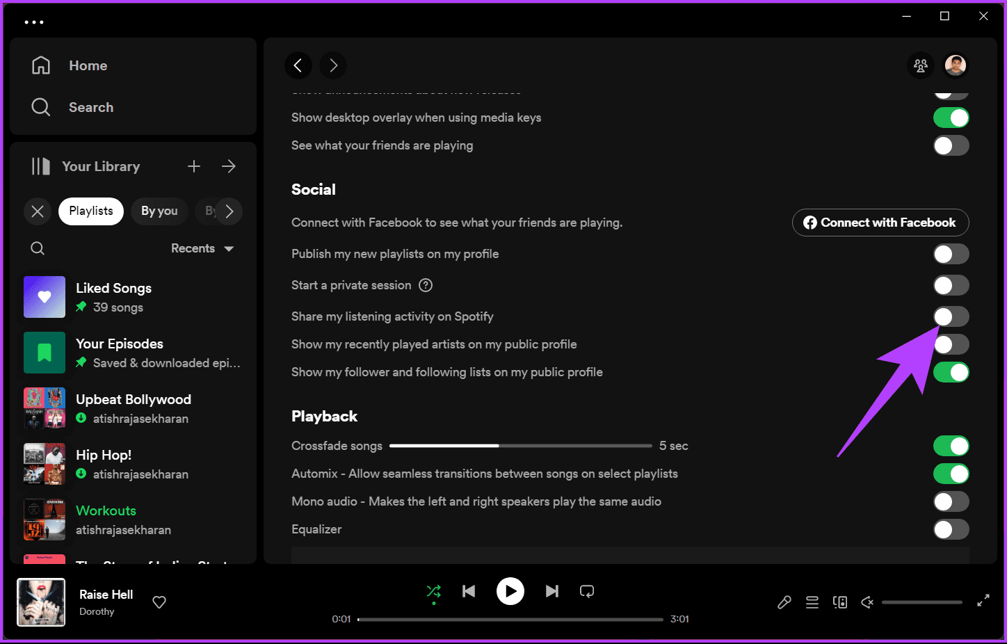 toggle off ‘Share my listening activity on Spotify’