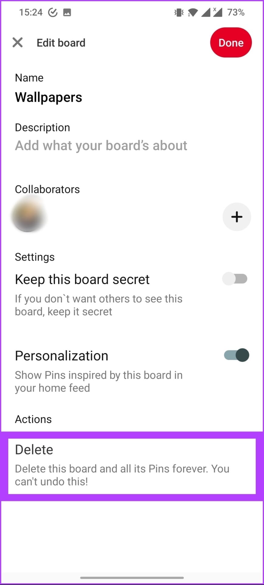 under Actions, tap on Delete